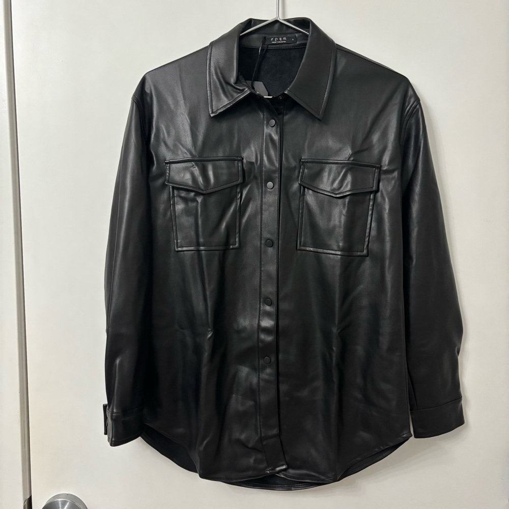 NWT Women’s Faux Black Leather Snap Button Up Shirt Size 6 Western Goth …
